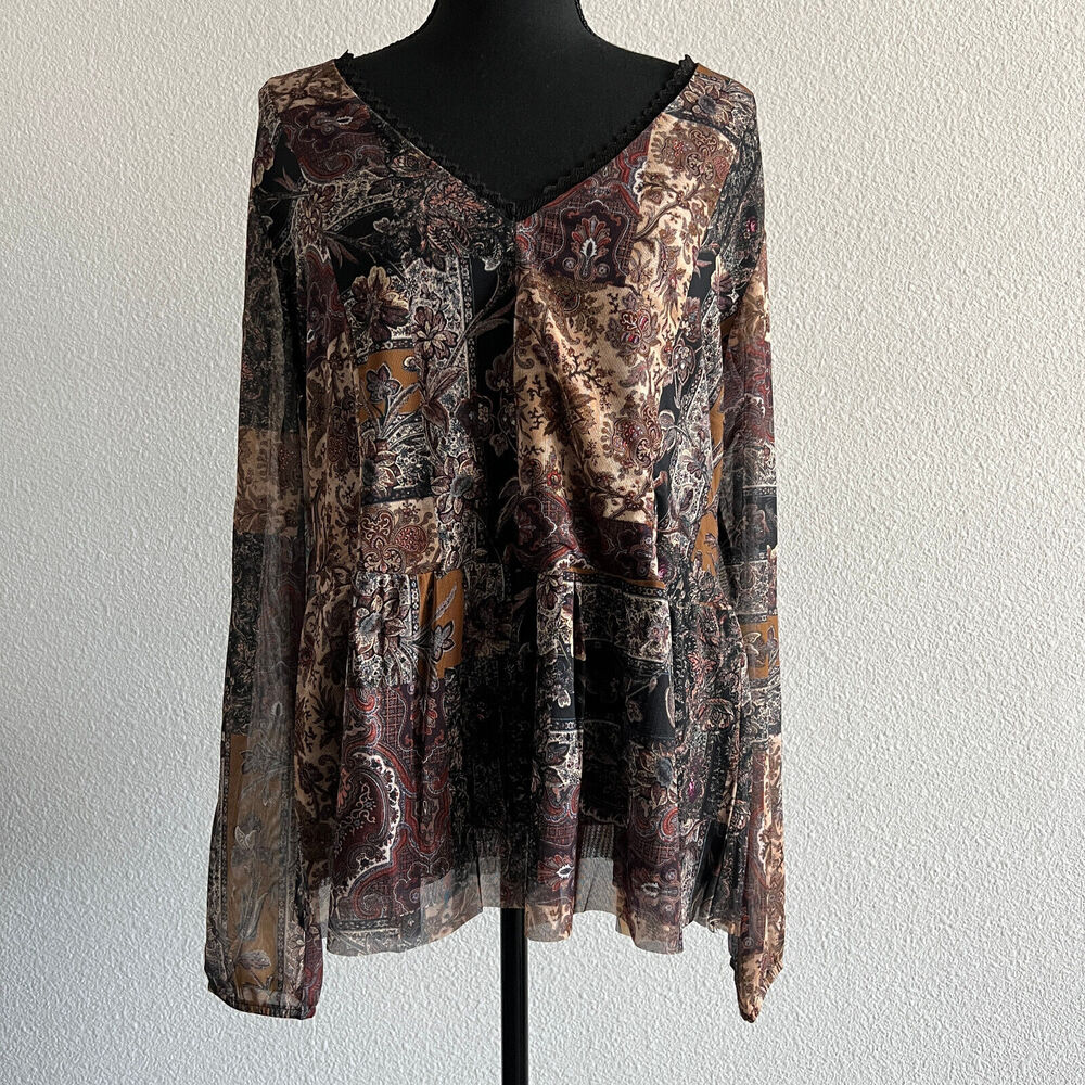 Desigual Shirt Womens US Large Boho Mesh Brown Earthy Paisley Patchwork